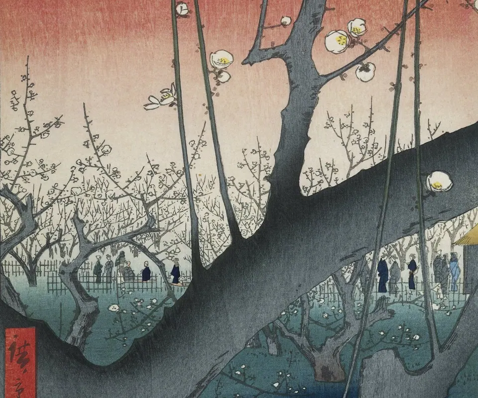 Detail of Plum Garden at Kameido by Utagawa Hiroshige. A large plum-tree trunk frames flowering trees and visitors in a garden.