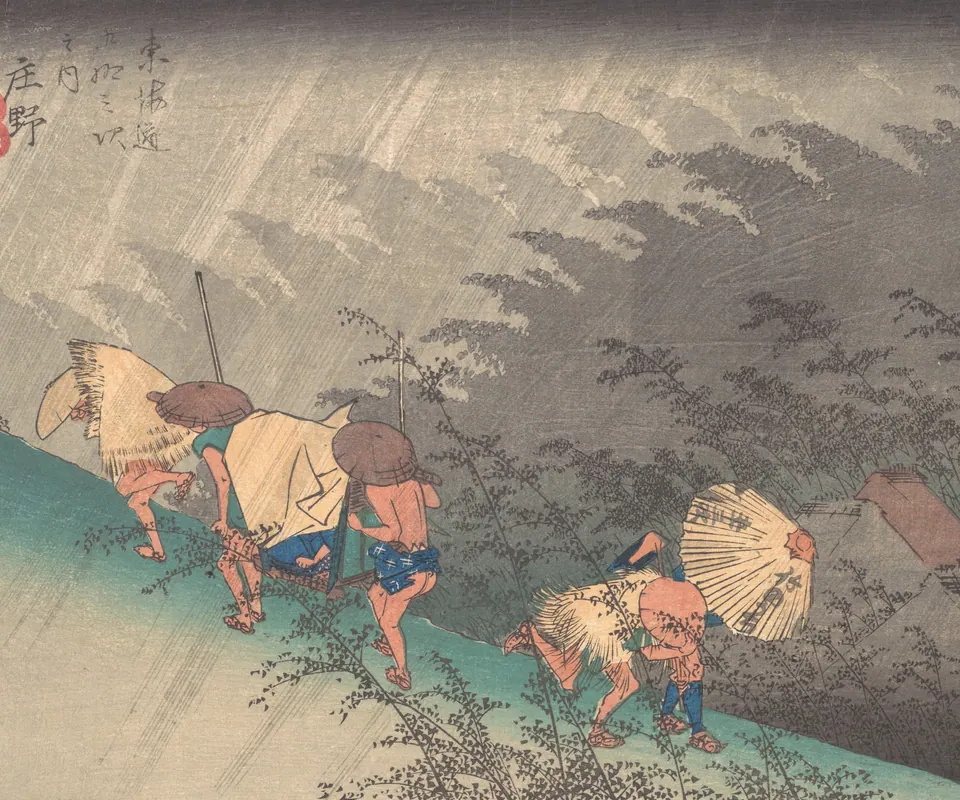 Detail of Sudden Shower in Shōno by Utagawa Hiroshige. Travellers hurry up a slope through a sudden rain shower.