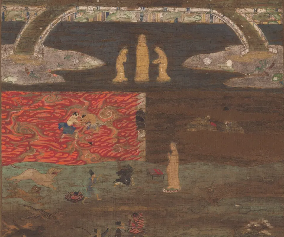 Detail of The White Path Between Two Rivers by Unknown artist. A narrow white path runs between fire and water toward a Buddhist paradise.