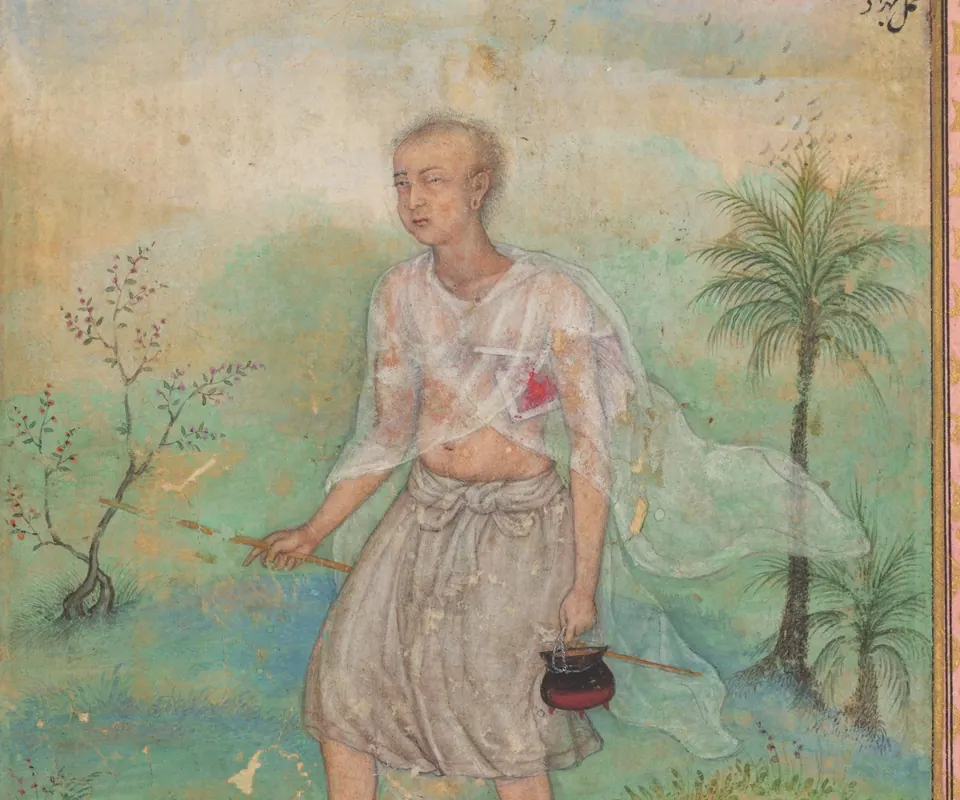 Detail of Jain Ascetic Walking Along a Riverbank by Basavana. A white-clad Jain monk walks along a riverbank carrying a manuscript and staff.