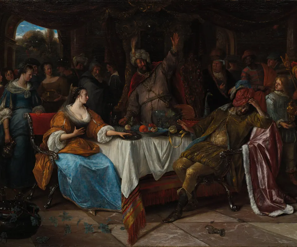 Detail of Esther, Ahasuerus, and Haman by Jan Steen. Esther addresses King Ahasuerus as Haman slumps beside their banquet table.