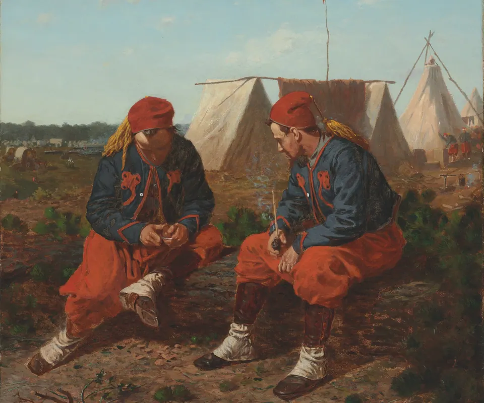 Detail of The Brierwood Pipe by Winslow Homer. Two Union soldiers sit together as one whittles a block of wood.
