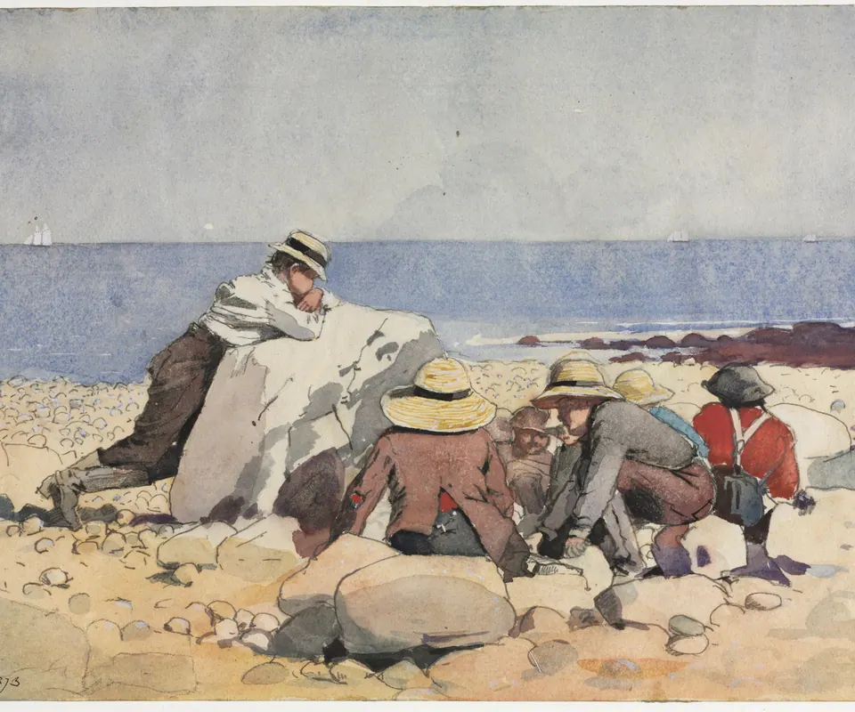 Detail of A Clam-Bake by Winslow Homer. Figures gather around the preparation of a clam bake outdoors.