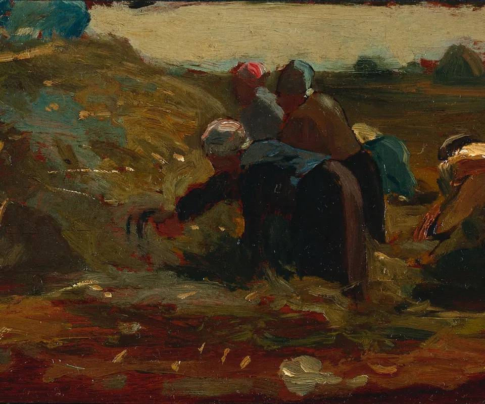 Detail of Women Working in a Field by Winslow Homer. Women bend over rows of crops in a broad sunlit field.