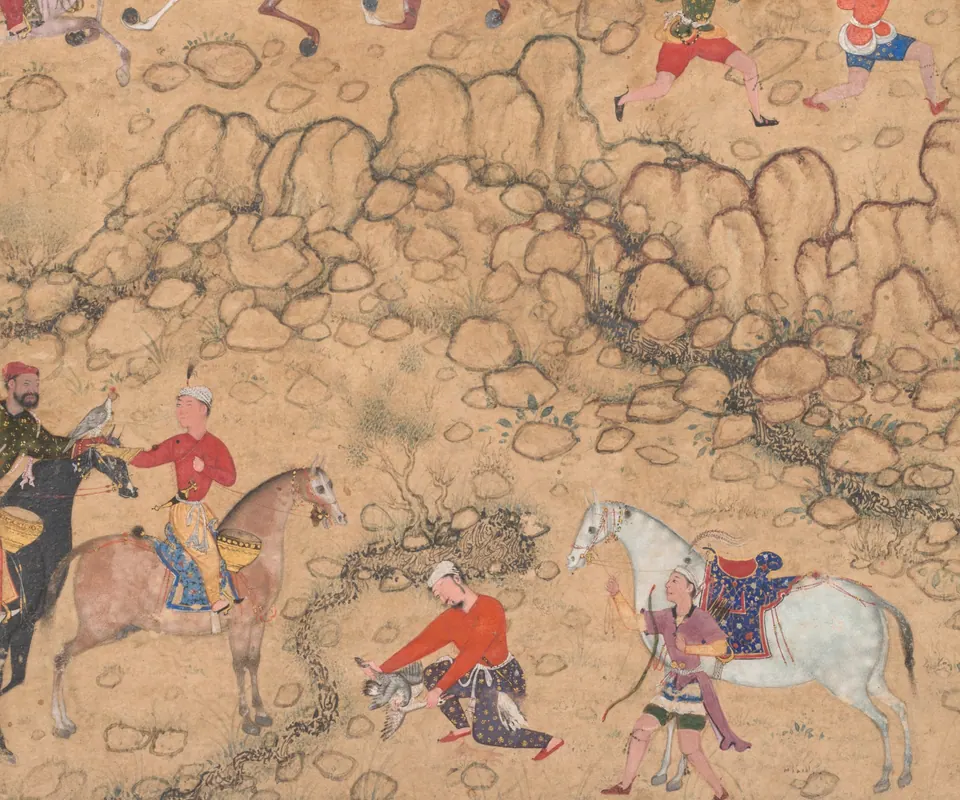 Detail of Hunting with falcons in a landscape (recto) by Attributed to Abd al-Samad. Mounted hunters pass a hooded falcon beside a captured duck in a rocky landscape.