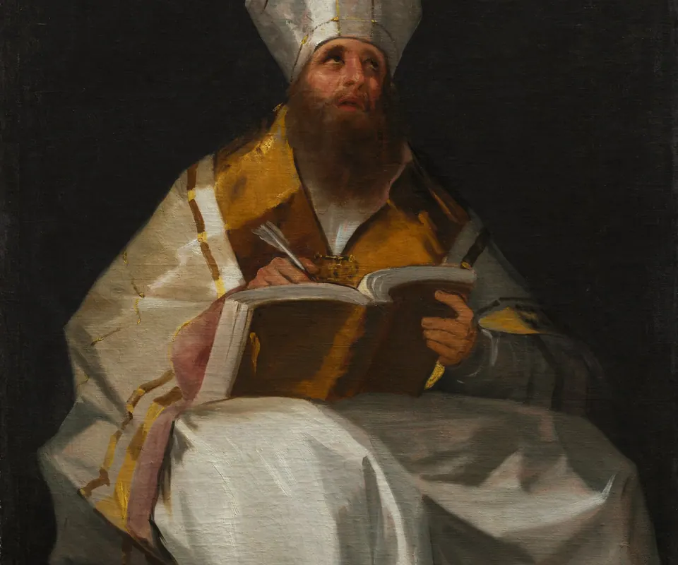 Detail of Saint Ambrose by Francisco de Goya. Saint Ambrose sits with an open book in a dark interior.