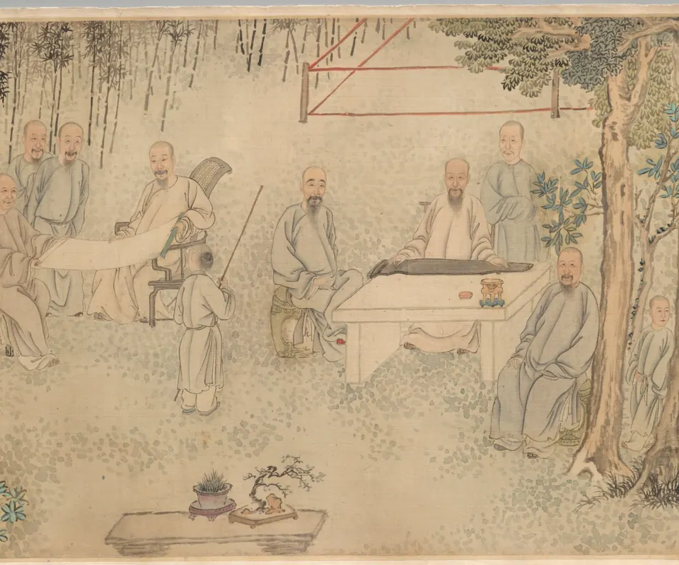 Detail of The Ninth Day Literary Gathering at Xing’an [Temporary Retreat] by Fang Shishu; Ye Fanglin. Scholars gather around a qin player and garden tables in a detail from the handscroll.