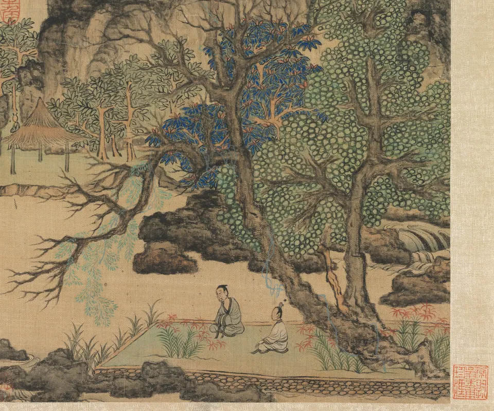 Detail of Paintings after Ancient Masters: Scholars in a Garden by Chen Hongshou. Scholars gather among trees and rocks in a Chinese album painting.