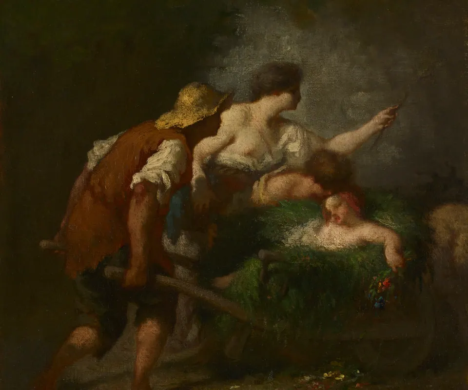 Detail of Return from the Fields by Jean-François Millet. A peasant family returns from the fields carrying tools and a child.
