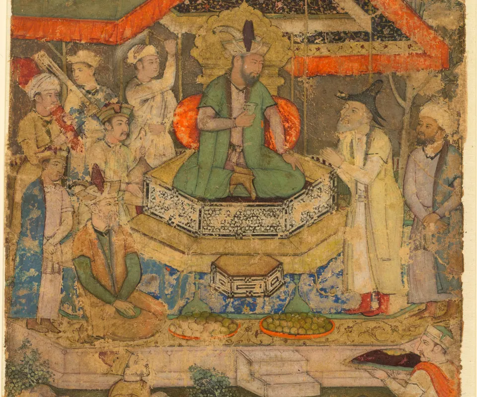 Detail of An Ambassador before Humayun by Attributed to Miskin. An ambassador approaches the seated emperor Humayun in an outdoor encampment.