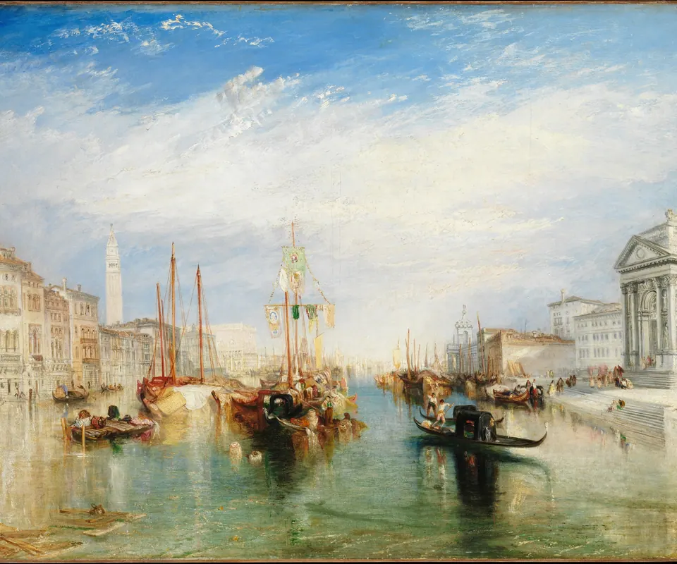 Detail of Venice, from the Porch of Madonna della Salute by Joseph Mallord William Turner. Boats move along a luminous Venetian canal lined with palaces and church architecture.