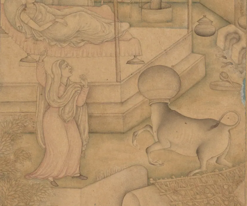 Detail of A woman mistakes a cow for the Angel of Death, from a Lights of Canopus (Anwar-i Suhaili) of Kashifi (Iranian, d. 1504) by Unidentified artist. A woman gestures beside a sick girl as a cow with its head trapped in a pot enters the courtyard.