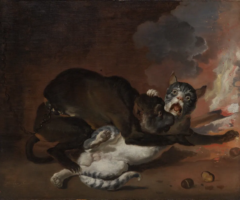 Detail of The Monkey and the Cat by Abraham Hondius. A monkey directs a cat toward chestnuts in a fireplace.