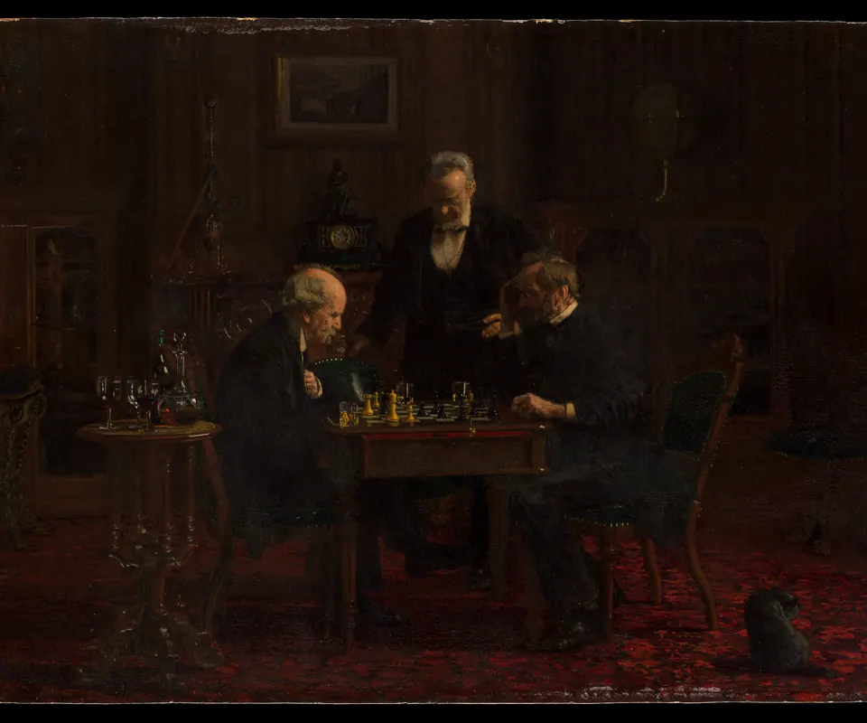 Detail of The Chess Players by Thomas Eakins. Two older men face each other across a chessboard while a third man watches.