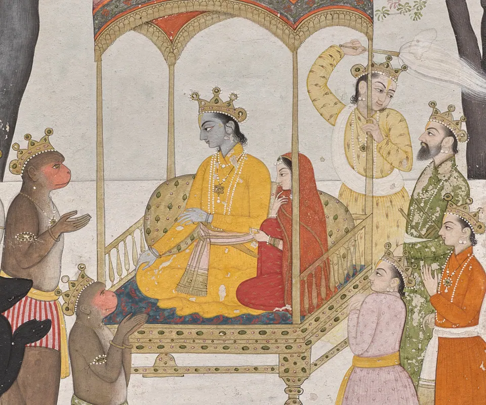Detail of Enthroned Rama and Sita receive homage from their monkey and bear Allies, from the Yuddha Kanda (Book of the War) of a Ramayana (Rama’s Journey) by Unidentified artist. Enthroned Rama and Sita receive the leaders of their monkey and bear allies.