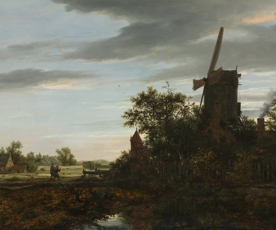 Detail of Landscape with a Windmill by Jacob van Ruisdael (Dutch, 1628/29–1682). A windmill rises beside a dark wooded slope and an open sunlit plain.