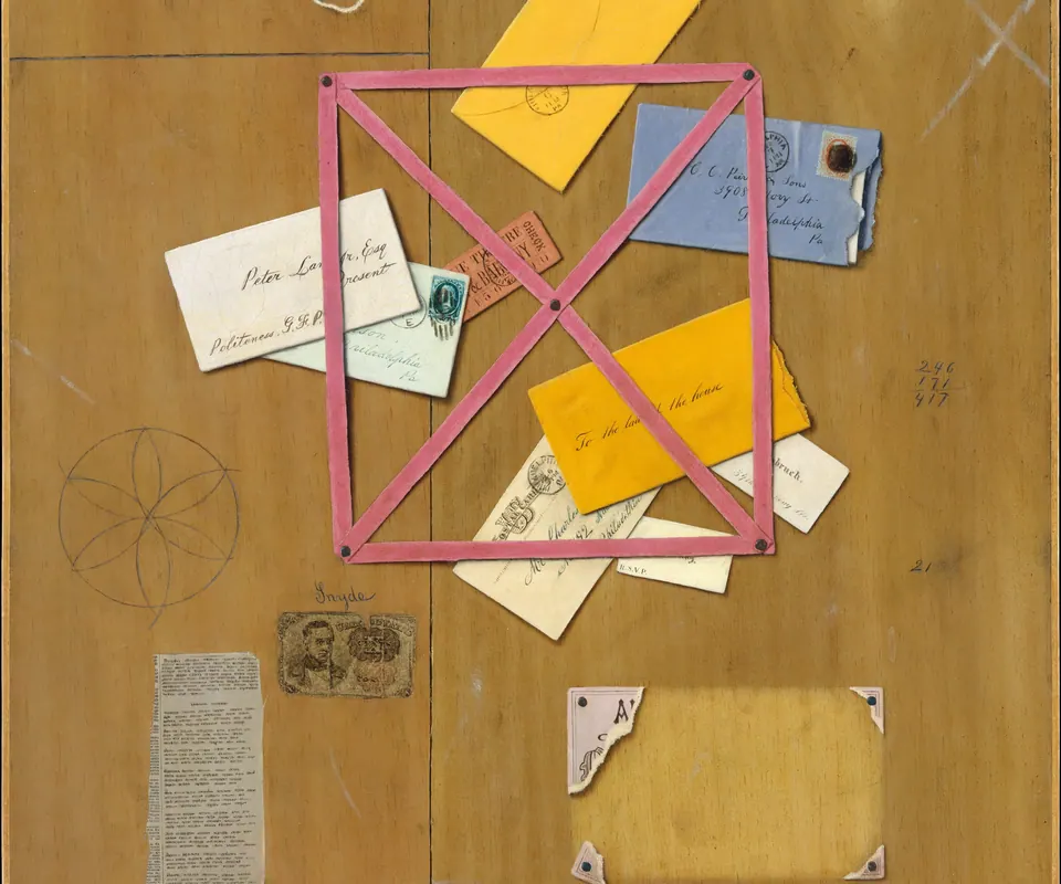 Detail of The Artist's Letter Rack by William Michael Harnett. Letters and calling cards sit under crossed ribbons on an artist’s letter rack.