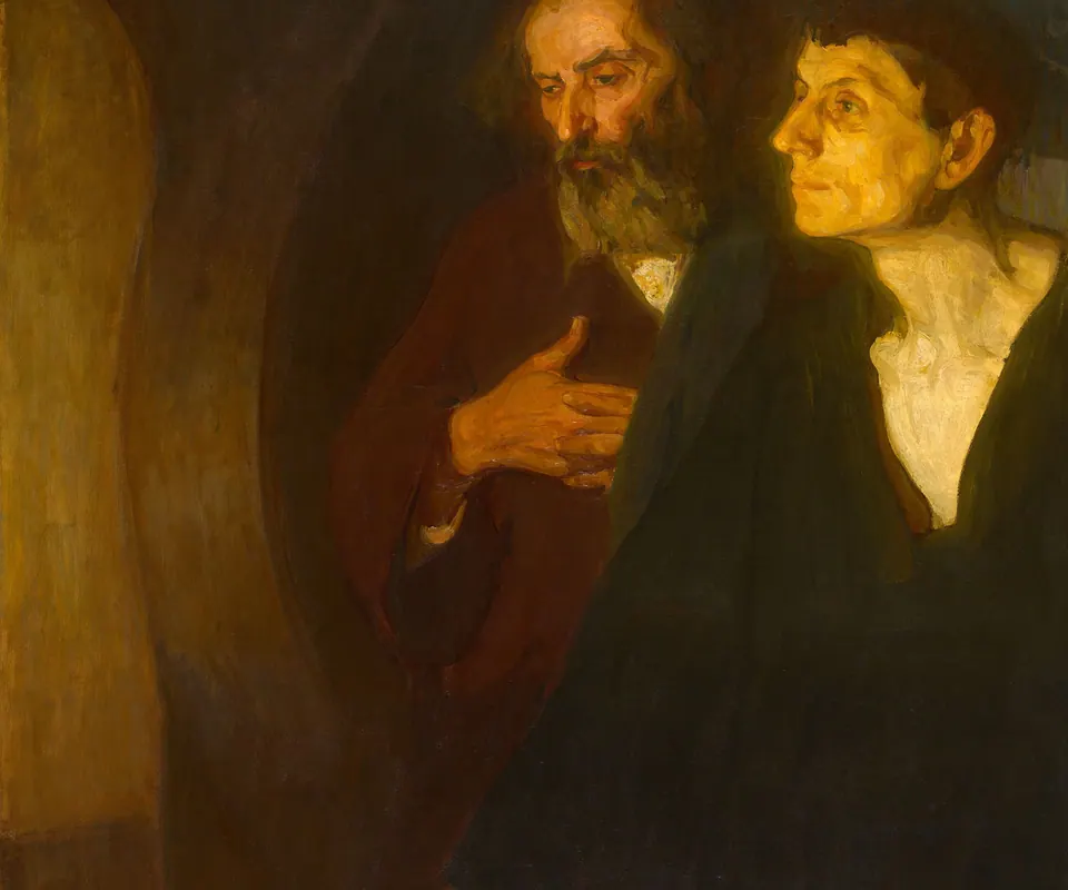 Detail of The Two Disciples at the Tomb by Henry Ossawa Tanner. Two disciples look into an unseen tomb, one solemn and the other illuminated by golden light.