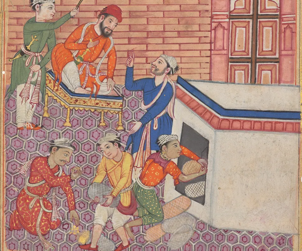 Detail of The king’s emissary being provided with gifts for his mission to Rum in order to seek the hand of the emperor’s daughter in marriage, from a Tuti-nama (Tales of a Parrot): Fiftieth Night by Unidentified artist. An enthroned king addresses an emissary while courtiers gather gifts for a journey.