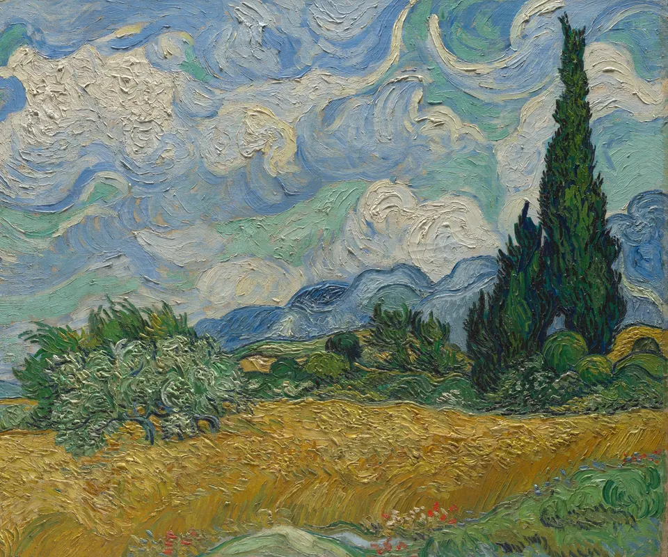 Detail of Wheat Field with Cypresses by Vincent van Gogh. A golden wheat field lies beneath cypress trees, pale mountains, and curling clouds.