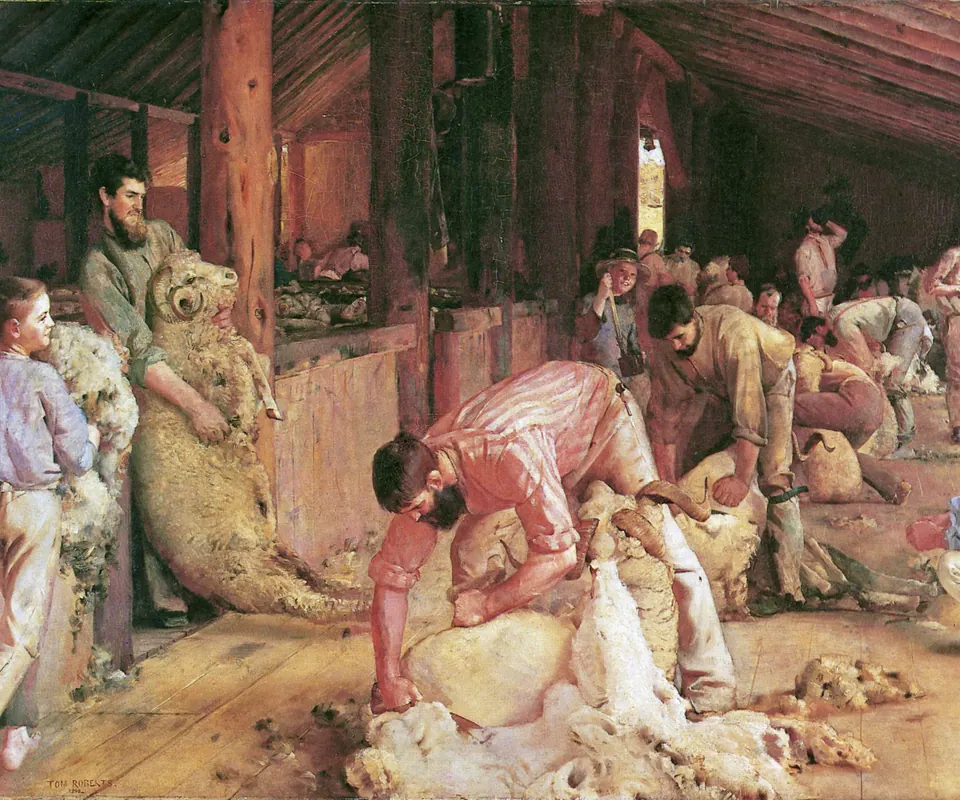 Detail of Shearing the rams by Tom Roberts. Shearers bend over sheep at workstations inside a sunlit Australian shearing shed.