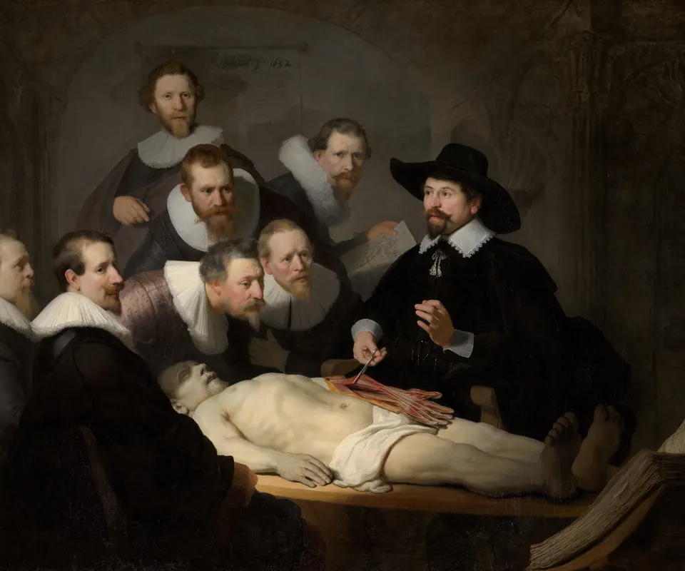 Detail of The Anatomy Lesson of Dr Nicolaes Tulp by Rembrandt van Rijn. Dr Tulp demonstrates the anatomy of an arm to a group of surgeons gathered around a body.