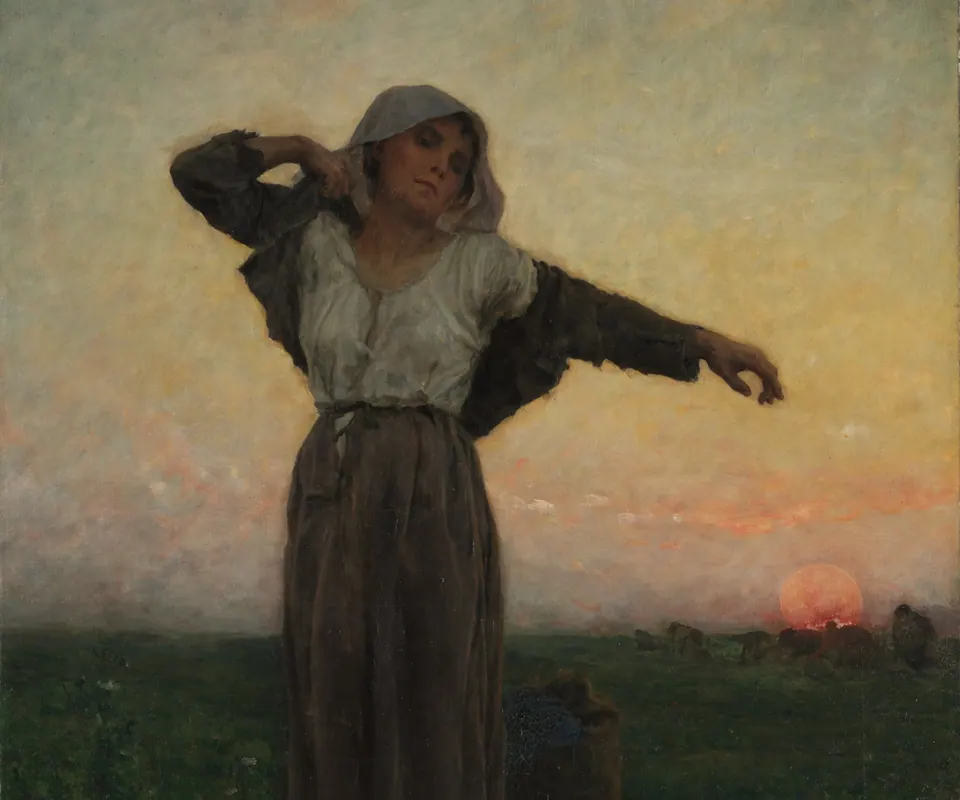 Detail of The Tired Gleaner by Jules Breton (French, 1827–1906). A barefoot gleaner stretches at sunset while others continue gathering grain behind her.