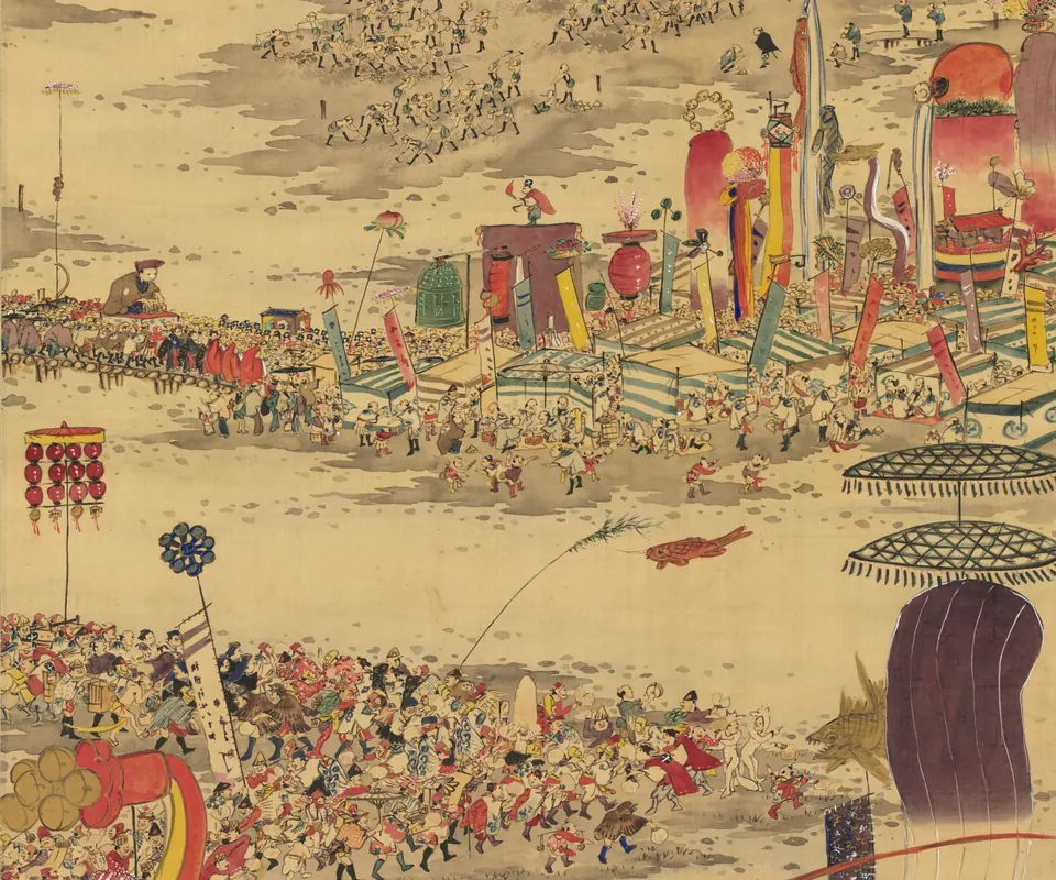 Detail of The Sand-Carrying Festival (Sunamochi Matsuri) by Sakai Basai (Japanese, dates unknown). Workers carry sand from a river while a colorful festival procession crosses the landscape.