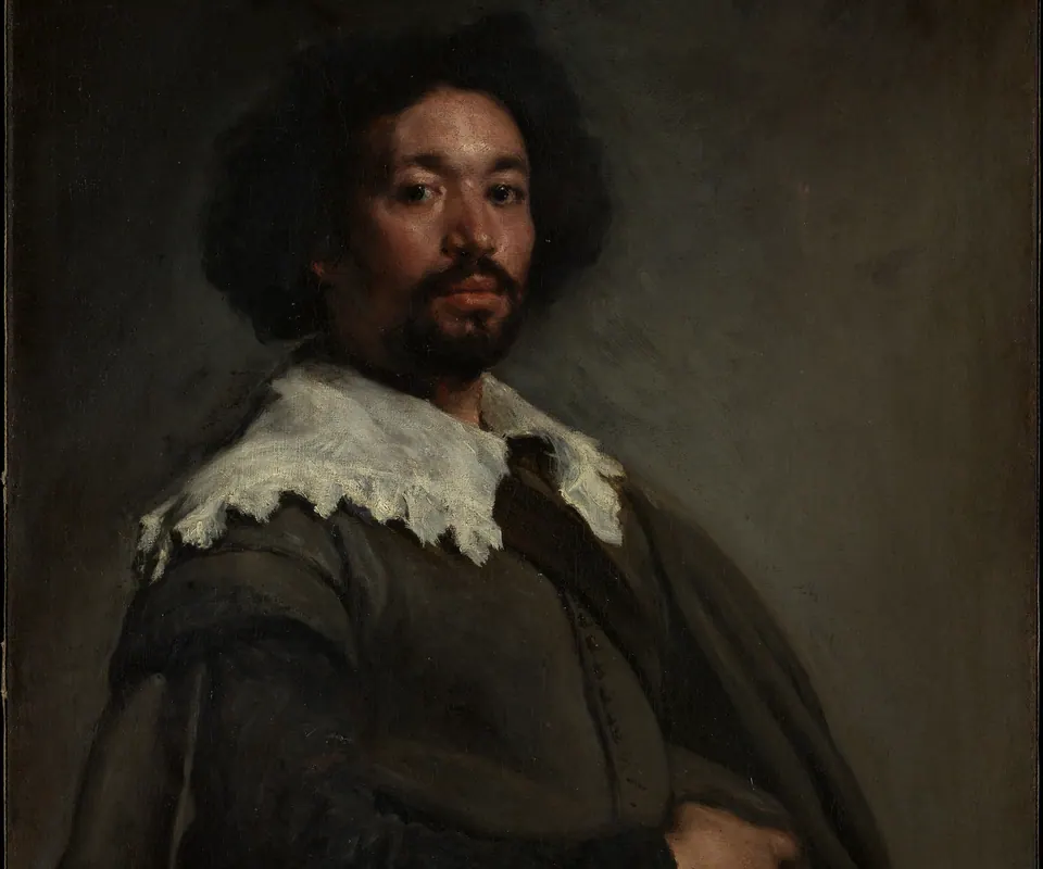 Detail of Juan de Pareja (ca. 1608–1670) by Velázquez (Diego Rodríguez de Silva y Velázquez). Juan de Pareja faces the viewer in a brown cloak with a white collar.
