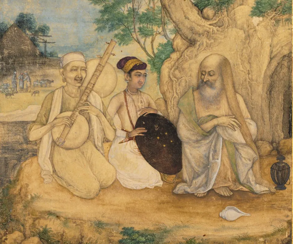 Detail of Prince and ascetics, from the Late Shah Jahan Album by Attributed to Govardhan. A Mughal prince visits a seated ascetic in a rocky retreat, with attendants and birds nearby.