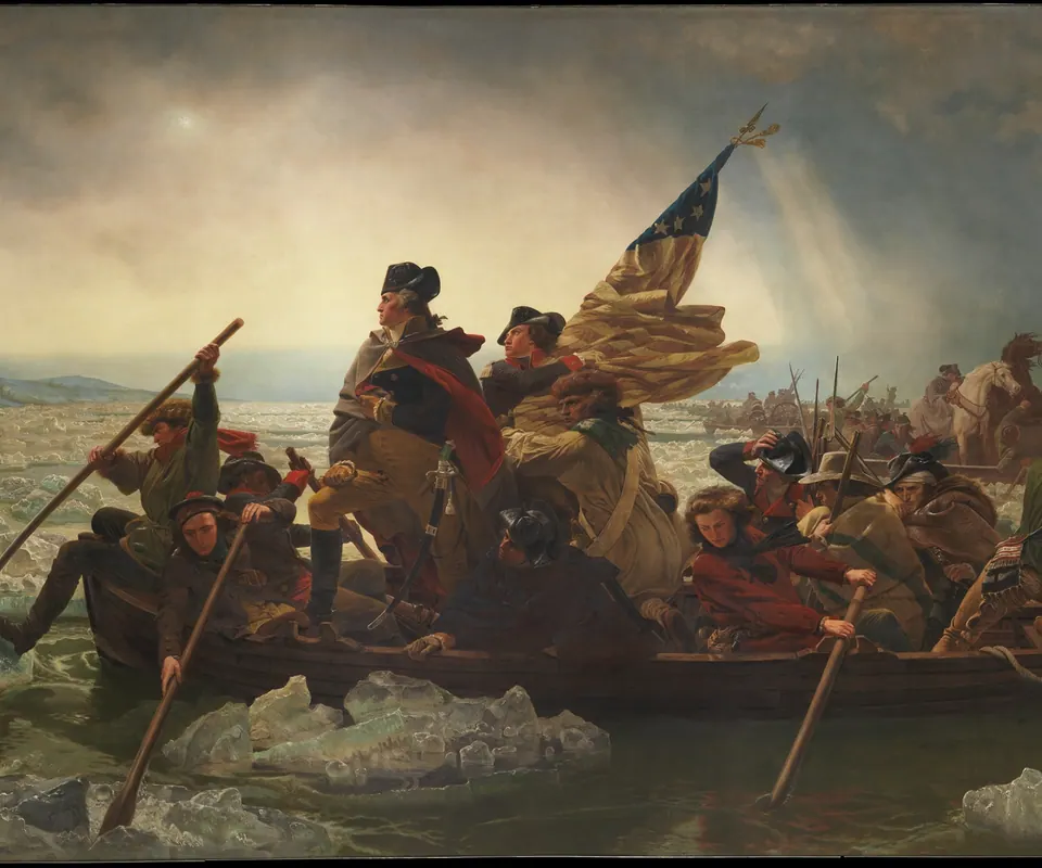 Detail of Washington Crossing the Delaware by Emanuel Leutze. Washington stands in a crowded boat as soldiers cross an icy river.