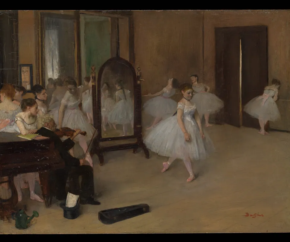 Detail of The Dancing Class by Edgar Degas. Ballet students practice in a studio while an instructor observes their movements.
