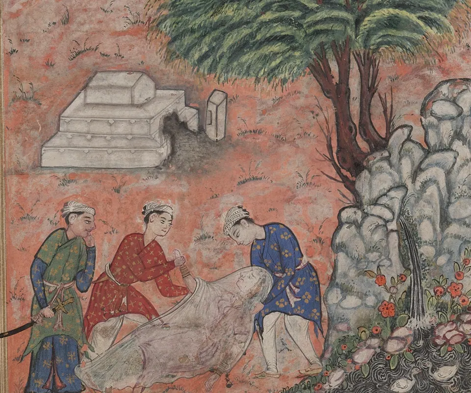 Detail of The suitors take the devotee’s daughter out of her tomb after breaking it open, when the physician discovers she is still alive, from a Tuti-nama (Tales of a Parrot): Twentieth Night by Unknown artist. Three suitors lift a shrouded woman beside an opened tomb.