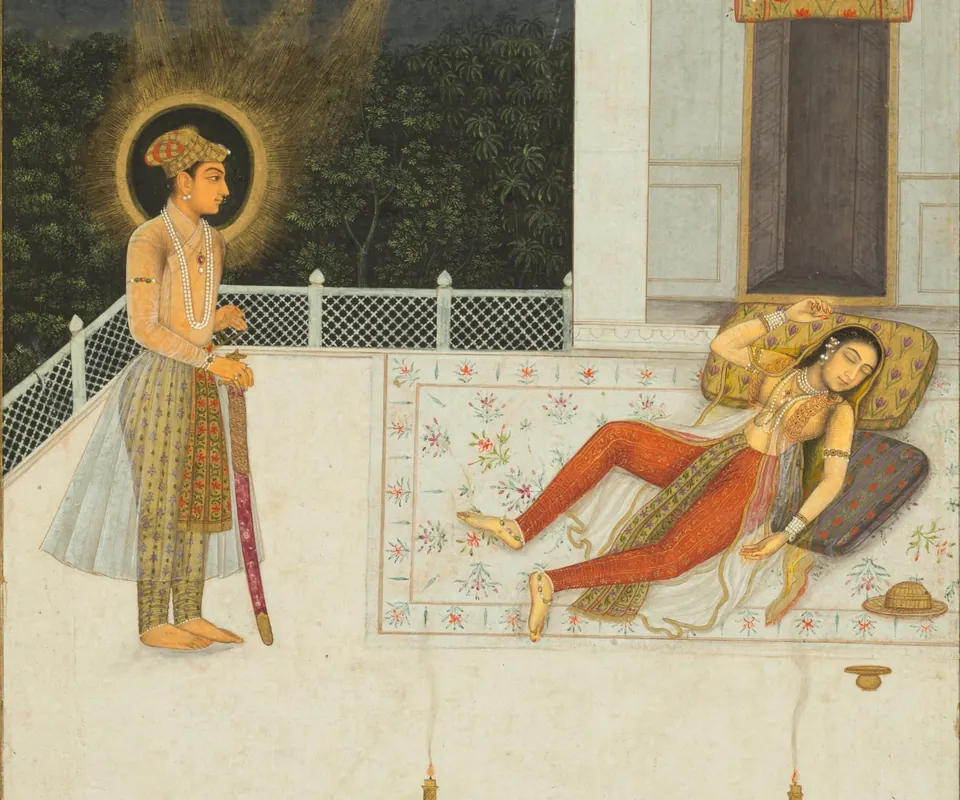 Detail of The dream of Zulaykha, from the Amber Album by Unknown artist. Zulaykha sleeps on a terrace as Joseph appears in a radiant vision above her.