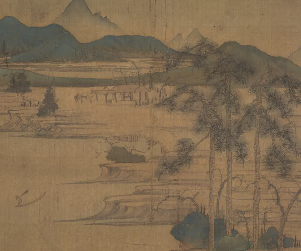 Detail of River Village: Fisherman's Joy by Zhao Mengfu. Boats and buildings sit beside a river among blue-green trees and rocks.