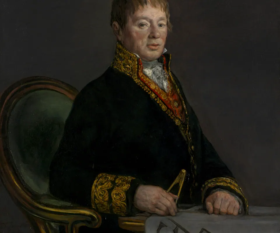 Detail of Portrait of Don Juan Antonio Cuervo by Francisco de Goya. The architect Juan Antonio Cuervo holds an architectural plan while seated.