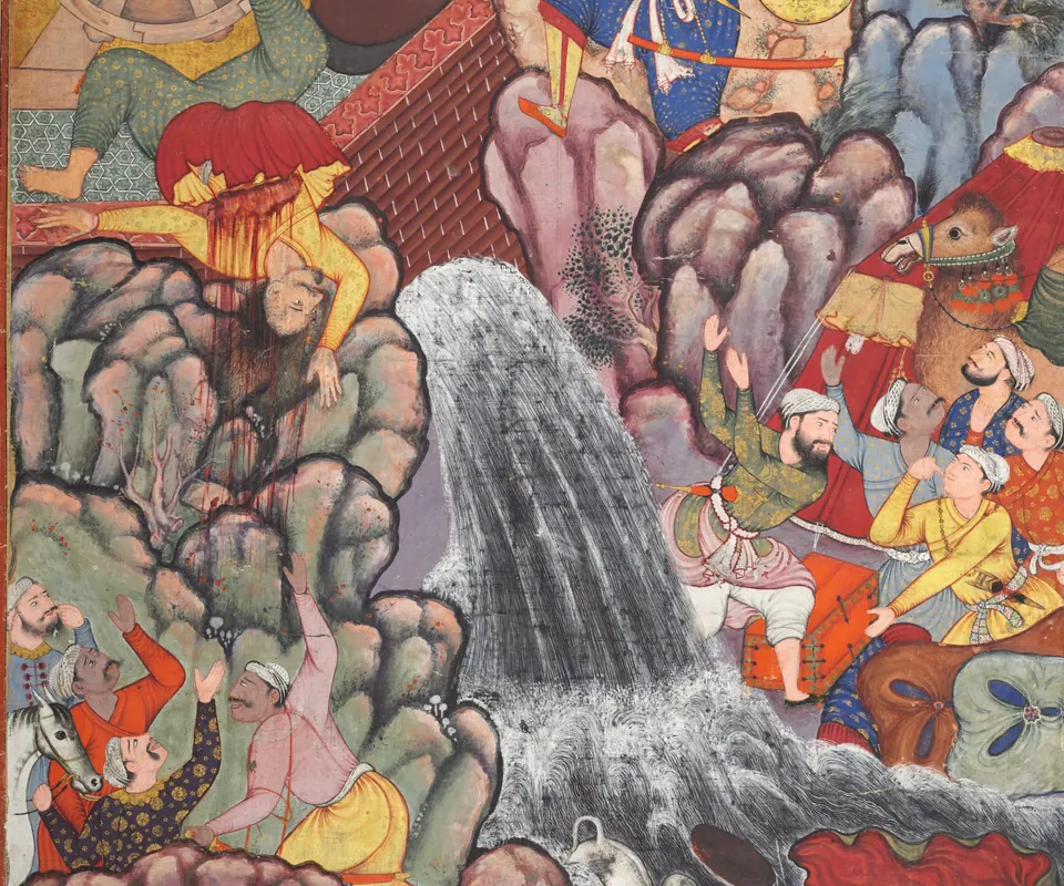 Detail of Alamshah cleaving asunder the chain of the wheel, from volume 11 of a Hamza-nama (Adventures of Hamza) by Unknown artist. Alamshah stands above rushing water beside a great wheel and chain.