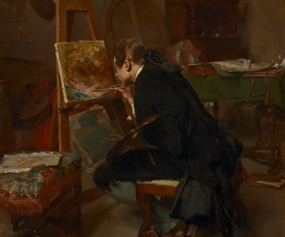 Detail of A Painter by Ernest Meissonier. An artist in historical dress works at a small canvas in his studio.