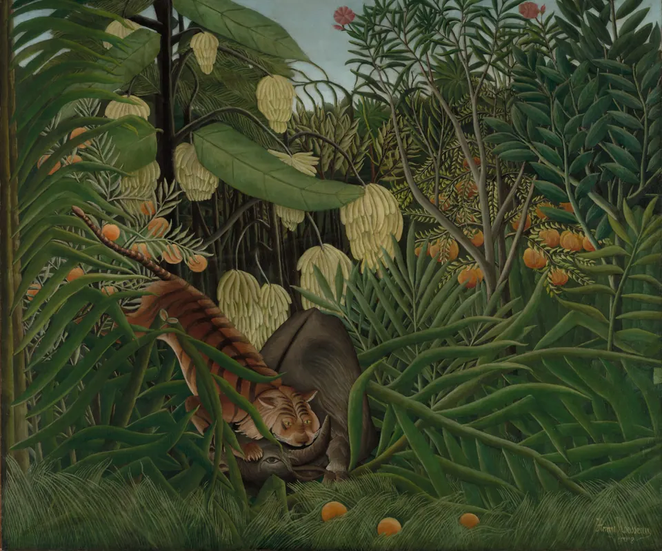 Detail of Fight Between a Tiger and a Buffalo by Henri Rousseau. A tiger attacks a buffalo amid dense, oversized green jungle leaves.