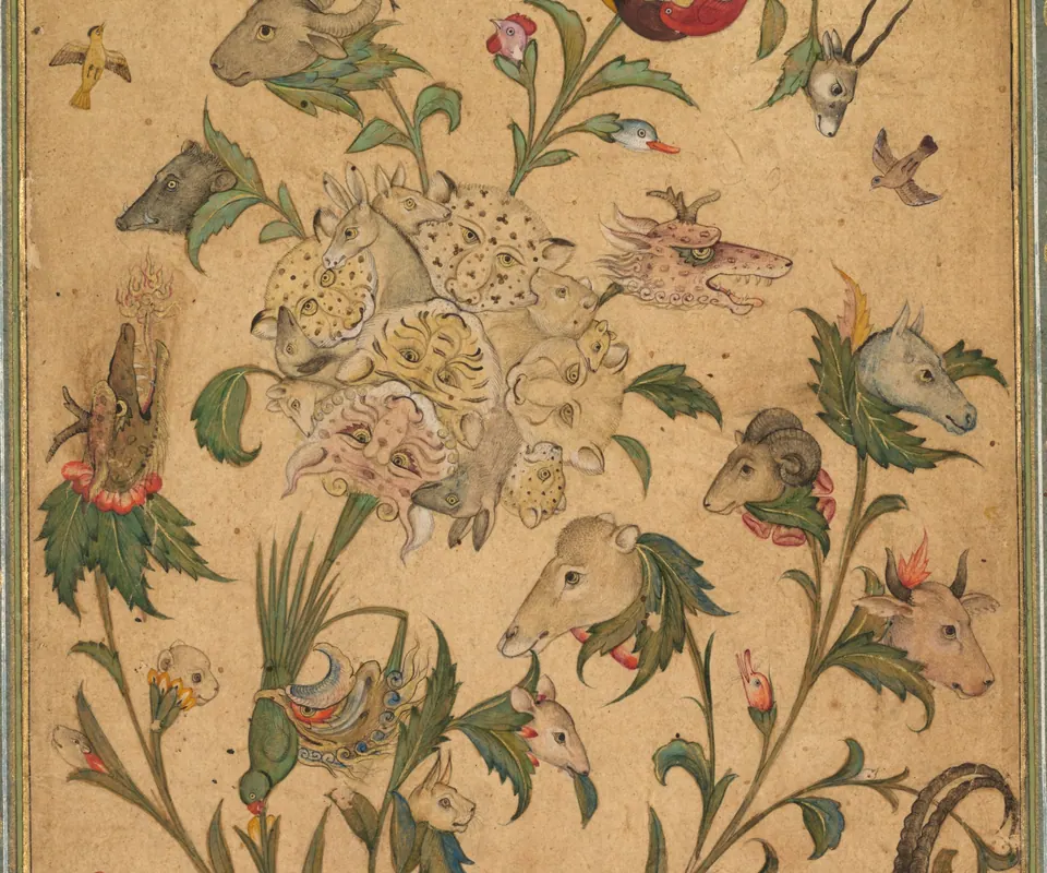 Detail of A floral fantasy of animals and birds (Waq-waq) by Unknown artist. Animals and birds grow from curling branches in a fantastical Mughal painting.