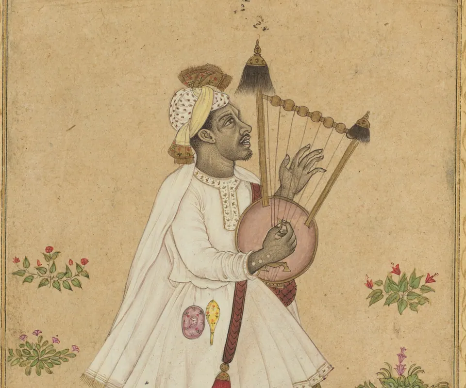 Detail of An African Lyre Player (recto) by Unknown artist. An African musician in white clothing stands holding a bowl lyre in an Indian album painting.
