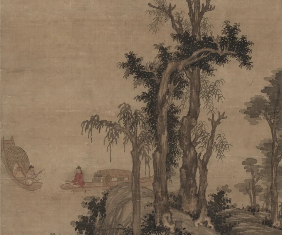 Detail of Fishermen-Hermits in Stream and Mountain by Zhao Yong. Two fishermen sit in covered boats between wooded riverbanks and mountains.