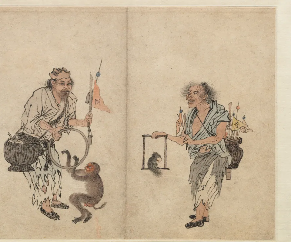 Detail of Beggars and Street Characters by Zhou Chen. Two street performers and a monkey appear in an ink-painted detail from the handscroll.