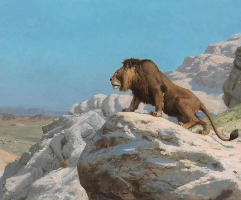 Detail of Lion on the Watch by Jean-Léon Gérôme. A lion stands alert on a rocky rise, looking into the distance.