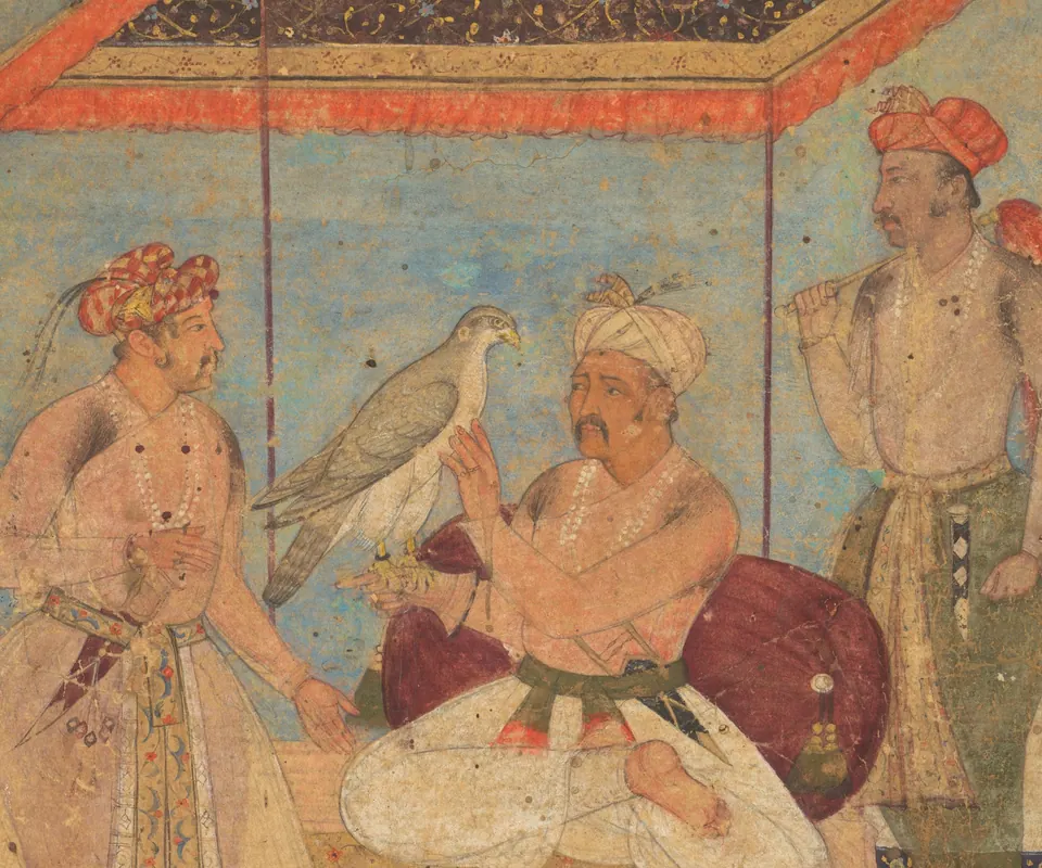 Detail of Akbar and Jahangir Examine a Ghir Falcon while Prince Khusrau Stands Behind by Unknown artist. Akbar examines a falcon while Jahangir and Prince Khusrau stand nearby.