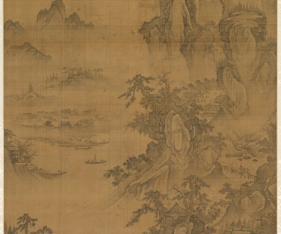 Detail of Mountain Market, Clear with Rising Mist by Korean artist. Buildings and a small market sit among wooded mountains and rising mist.
