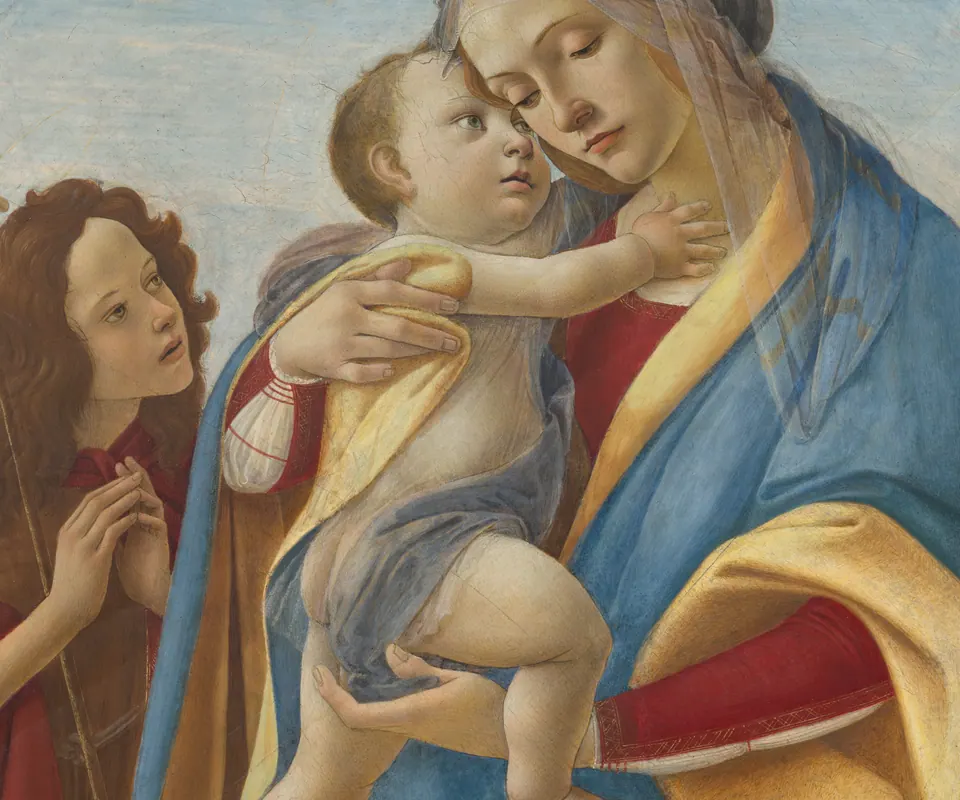 Detail of Virgin and Child with the Young Saint John the Baptist by Sandro Botticelli and Workshop. Mary, the Christ child, and young Saint John appear in a circular composition.