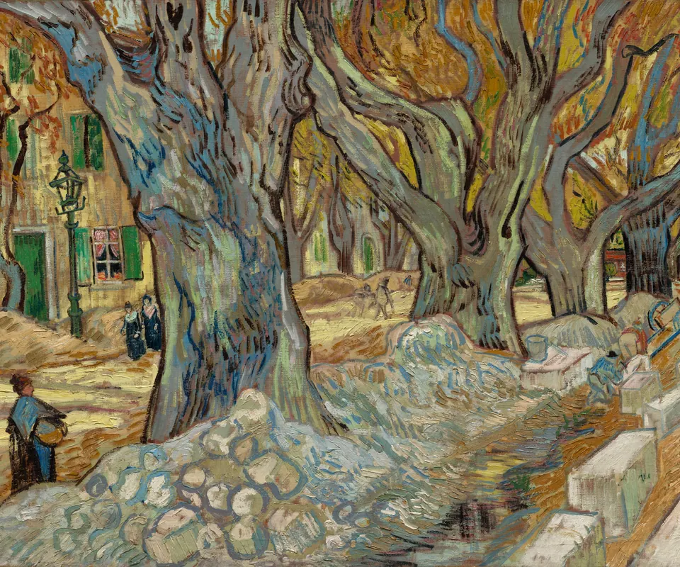 Detail of The Large Plane Trees (Road Menders at Saint-Rémy) by Vincent van Gogh. Workers repair a village road beneath large plane trees with yellow leaves.