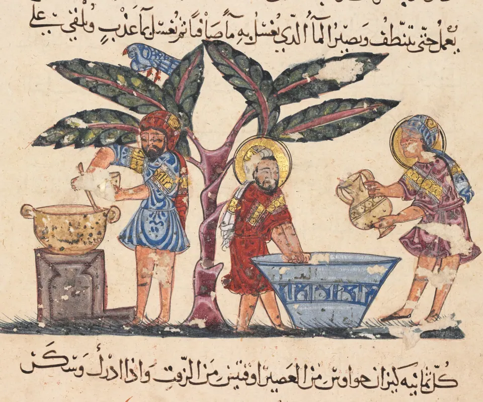 Detail of Folio from an Arabic translation of the Materia Medica of Dioscorides by Abdallah ibn al-Fadl. A physician and assistants prepare medicine with a basin and heating vessel.