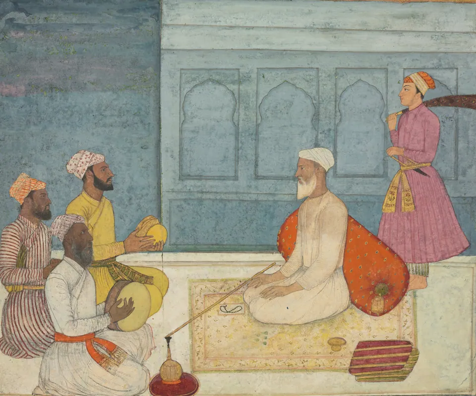 Detail of Sultan and Musicians by Deccani artist. A seated ruler listens to musicians on a terrace.